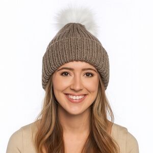 Hand Knit Brown Beanie Faux Fur Pom